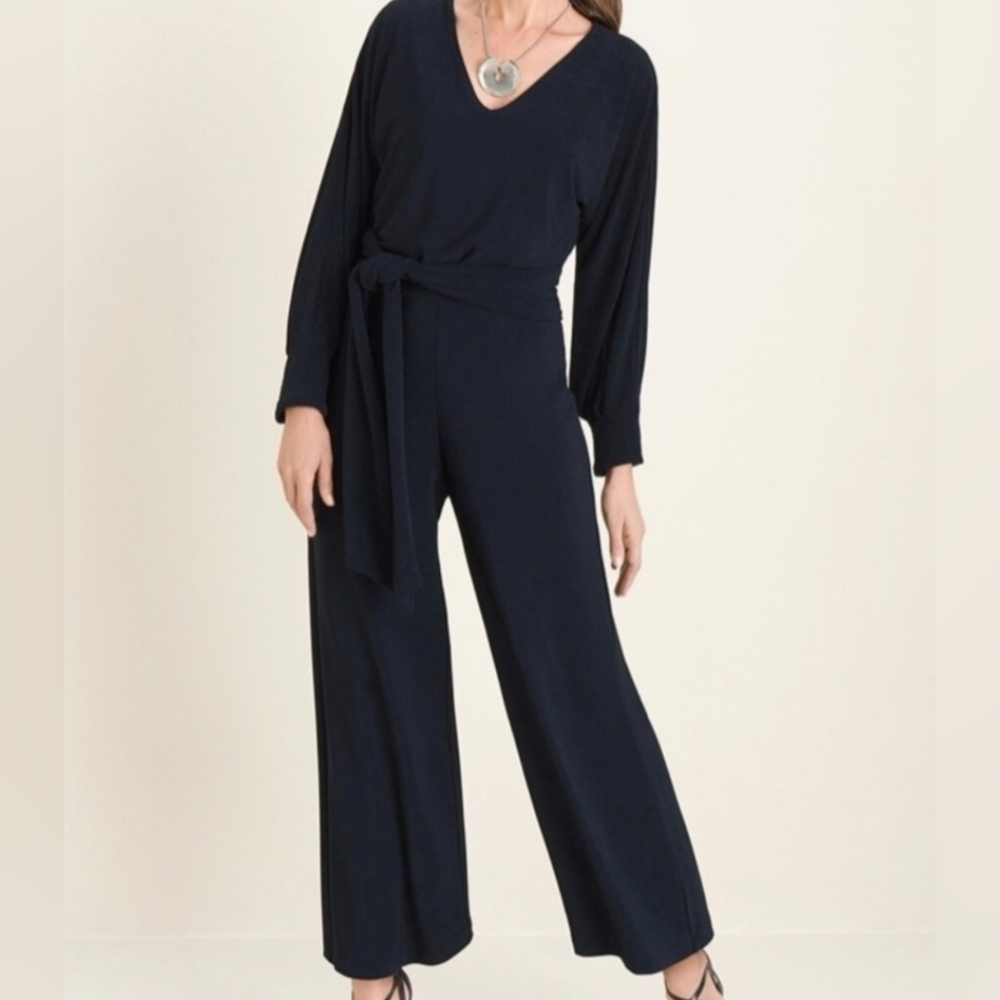 Chico's Travlers Navy Blue Jumpsuit with Tie Belt